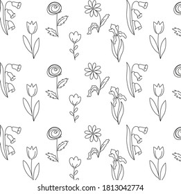 Line art flowers pattern vector Doodle hand drawn floral background 