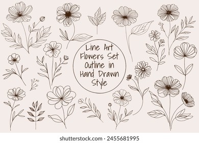 Line Art Flowers Set Outline in Hand Drawn Style