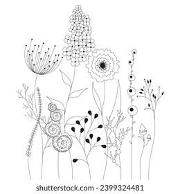 Line art flowers. Simple drawing, lawn with flowers and herbs. Abstract flowers