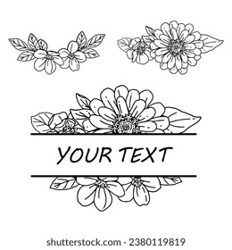 Line art flowers split monograme, Floral, strawberry and ribbon element for invitation, wedding or greeting cards, Flower and leaves isolated on white background, Vector illustration.