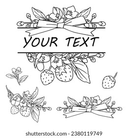 Line art flowers with strawberry split monograme, Floral, strawberry and ribbon element for invitation, wedding or greeting cards, Flower and leaves isolated on white background, Vector illustration.