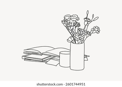 Line art of flowers in a vase with books. Simple black and white illustration. Flowers and books create a minimalist and elegant design. Vase, flowers, books. Doodle illustration vector.