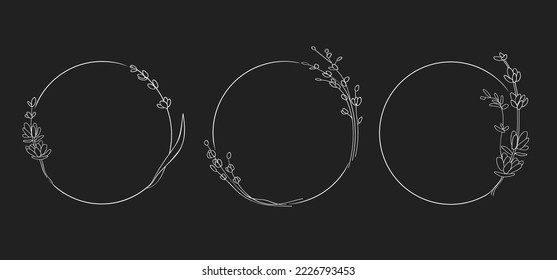 Flores de línea de fondo de flor de flor sobre fondo negro. contorno de la corona de lavanda. Vector de borde Círculo de boda. Wreath delgada y elegante