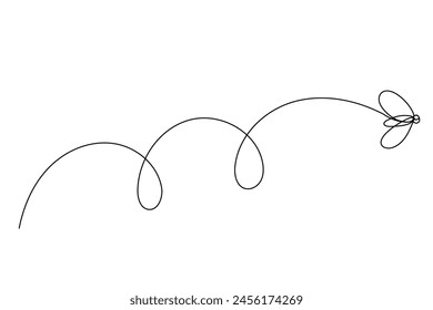 Mosca de arte lineal. Silueta gráfica simple de la trayectoria del movimiento de la mosca. Trazo de Vector editable. Ilustración de dibujo divertida de vuelo de la línea de arte continua. Pequeña mosca Abstractas aislada sobre fondo blanco. 