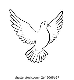 Line art of a flying dove with wide open wings. Minimalist black and white illustration symbolizing peace, freedom, and spirituality in elegant contour style