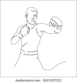 Line art of a focused MMA fighter throwing a punch while keeping a guarded stance, wearing gloves and a sleeveless top in a minimalistic one-line drawing style.