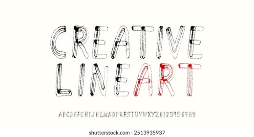 Line Art font Alphabet, Creative decorative style, Hand drawn design, Uppercase and Number . Vector illustration