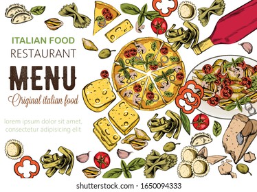 Line art food composition with delicious pizza, pasta with tomatoes, cheese and red wine. Italian restaurant menu template. Vector