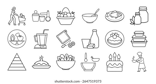Line art food icons: healthy eating, cooking, and kitchenware illustrations.