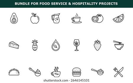 Line art food icons including avocado apple coffee tomato orange slice pineapple cheese wine glass