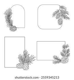 Line art forest floral frames with pine branches, line art drawing, botanical vector illustration, floral wedding border set