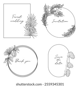 Line art forest floral frames with pine branches, line art drawing, botanical vector illustration, floral wedding border set