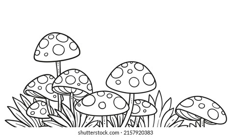 Line art of a forest glade with toadstool and a large tree that is home to owls isolated on a white background