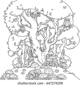Line art of a forest glade with toadstool and a large tree that is home to owls isolated on a white background