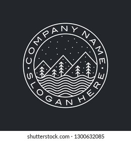 Line Art Forest and Mountain and Sea Logo Design.