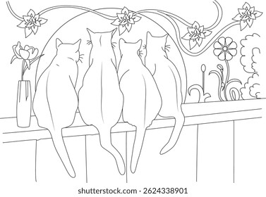 Line Art of Four Cat Friends Sitting on a Boundary, Simple black and white line drawing illustration of four cats sitting side by side on a boundary or wall, looking away. Features include flowers