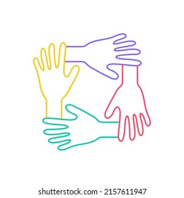 Line art four hand holding each other, diversity and teamwork help logo design vector icon illustration