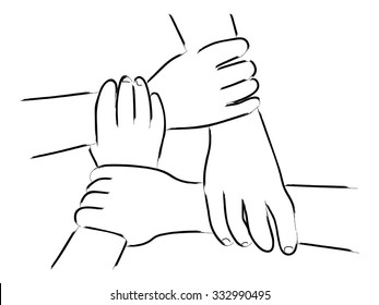 Line art of four human hands holding each other