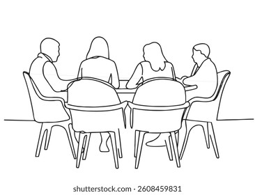 Line Art Four People Meeting. A basic line drawing illustrates four individuals sitting around a table, viewed from behind, suggesting a meeting or discussion.