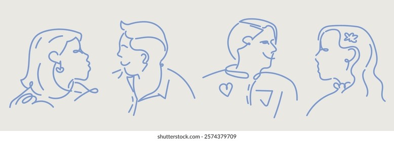 Line art of four people, two men and two women, in profile. Simple blue outlines, diverse ethnicities, abstract style, minimalist design, line art focus. Doodle vector set.