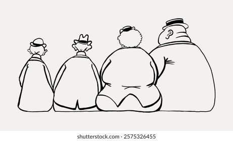 Line art of four seated people, seen from behind. The figures wear hats and coats, showcasing diverse shapes and styles in a minimalist, monochrome design. Vintage art, isolated vector element.