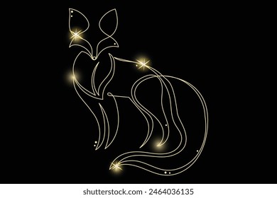 Line Art Fox with Gold Glitter Stars. Luxury Rich Glamour Invitation Card Template. Line Art Fox Animal  Isolated on Black. Shine Gold Light Texture Effect. Glowing Blink Star Fox Symbol Element Gift.
