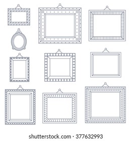 Line Art Frame Photo Picture Painting Decoration Drawing Symbol Template Icon Set Stylish Black Background Retro Vintage Flat Design Vector Illustration