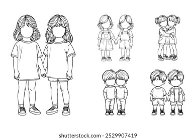 Line Art Fraternity Twin Child Happy Pose Art Black and White Illustration Hand Drawn Clipart