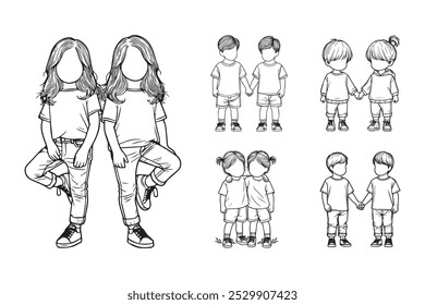 Line Art Fraternity Twin Child Happy Pose Art Black and White Illustration Hand Drawn Clipart