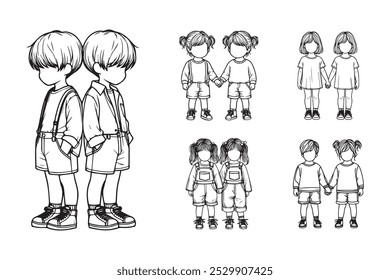 Line Art Fraternity Twin Child Happy Pose Art Black and White Illustration Hand Drawn Clipart