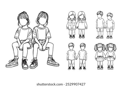 Line Art Fraternity Twin Child Happy Pose Art Black and White Illustration Hand Drawn Clipart