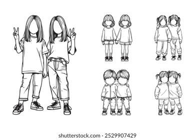 Line Art Fraternity Twin Child Happy Pose Art Black and White Illustration Hand Drawn Clipart