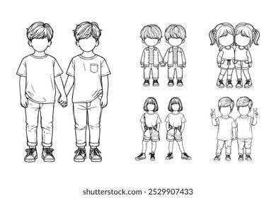 Line Art Fraternity Twin Child Happy Pose Art Black and White Illustration Hand Drawn Clipart