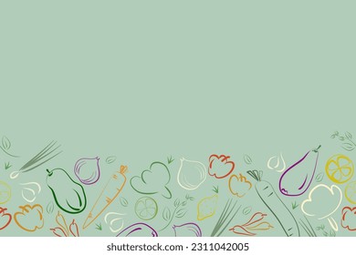 Line art freehand draw farm vegetable background banner poster design vector illustration. Trendy for food festival market. Promo concept for farm bazaar. Copy space. Cartoon doodle design farm.
