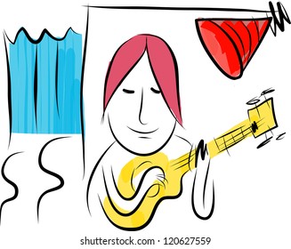 Line art freehand on vector format illustrated man rehearsal guitar back stage.