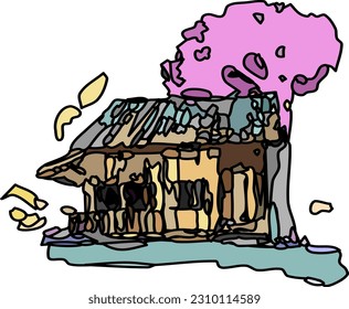 Line Art Freehand Vektordatei auf transparentem Hintergrund, die rustikale Architektur repräsentiert.