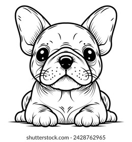 Line art French bulldog illustration. Ink style, cute animal for print. Vector linear silhouette. Transparent fill, black lines. Isolated on white background