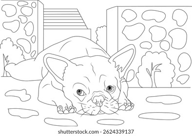Line Art French Bulldog Outdoors Coloring Page, A black and white line drawing illustration of a French Bulldog lying down and relaxing outside a house, suitable for a children's coloring book or