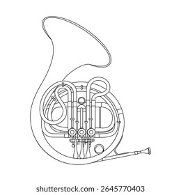 Parte de linha de um chifre francês com tubulação detalhada e válvulas. Perfeito para fins educacionais, projetos com temas musicais e ilustrações de instrumentos.