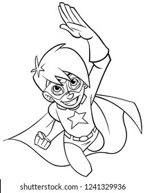 Line art full length cartoon illustration of powerful and healthy super boy flying while wearing superhero costume against white background for copy space.