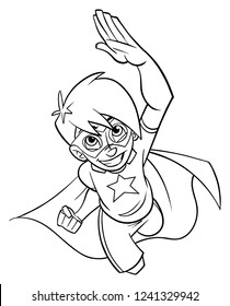 Line art full length cartoon illustration of powerful and healthy super boy flying while wearing superhero costume against white background for copy space.