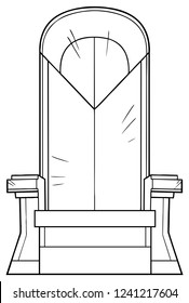 Line art full length front view of an imposing empty iron throne isolated on white background for copy space as concept for power and supremacy.