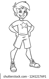 Línea de arte vista frontal completa de un niño feliz y activo sonriendo mientras usa ropa casual de verano contra fondo blanco para copiar espacio.