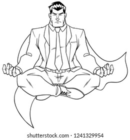 Line art full length front view of businessman meditating for calmness and stress relief, against white background for copy space.