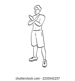 line art full length half naked man making X sign arms gesture illustration vector hand drawn isolated on white background 