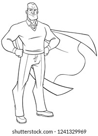 Line art full length illustration of superhero grandfather smiling while posing proud and confident with his cape isolated on white background for copy space.