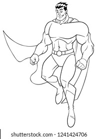 Line art full length illustration of happy cartoon superhero wearing cape and red costume while flying up during mission against white background for copy space.