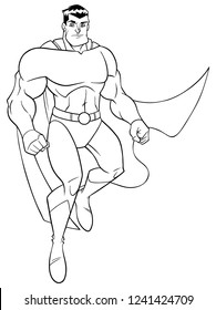 Line art full length illustration of a strong and brave cartoon superhero wearing cape and costume while flying up during mission against white background for copy space.