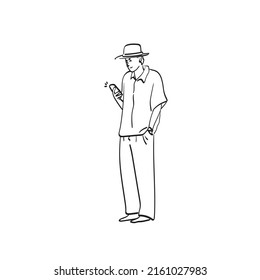 línea de arte hombre de longitud completa con sombrero usando ilustración de smartphone vectorial dibujado a mano aislado en fondo blanco