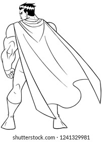 Line art full length rear view of a powerful superhero with cape standing ready for action against white background with copy space.